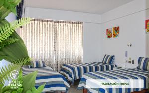 莫克瓜HOTEL TERRAZAS DE VILLA的酒店客房设有两张床和窗户。