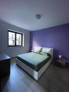 费尼斯À la Bouteucca的紫色卧室设有一张床和一个窗户
