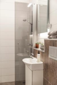 菲奈斯达伦Skoogs Logi - Rum的白色的浴室设有水槽和淋浴。