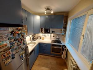 塔林Sääse 3 Apartment的厨房配有蓝色橱柜和冰箱。