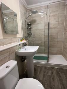 伯恩茅斯Rockmount Court的浴室配有卫生间、盥洗盆和淋浴。