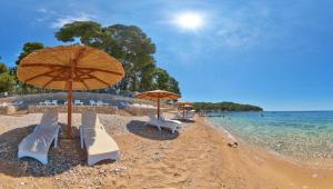 木洛希尼Losinj Glamping - Camp Čikat - Wild的海滩上设有椅子和遮阳伞,还有大海