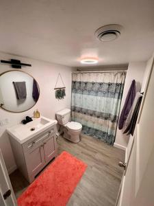 比尤特Mid Century Modern Montana Dream Home的一间带水槽、卫生间和镜子的浴室