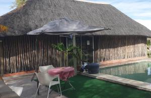 GrootfonteinParadise Camp delux Rooms的游泳池旁的遮阳伞和椅子