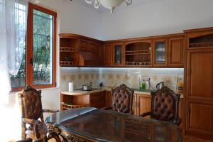拉多维奇RADOVICI LUX APARTMENTS的厨房配有木制橱柜和玻璃桌椅