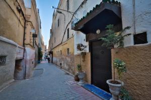 非斯Riad Fes Tala的一条狭窄的小巷,有门,有盆栽