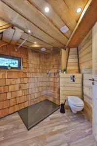 米特拉克ESCALE CAB'ÂNE的木制浴室设有卫生间和淋浴。