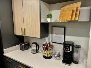 阿林顿Comfy Getaway by DC,Metro,Airport的厨房柜台配有咖啡机和咖啡壶