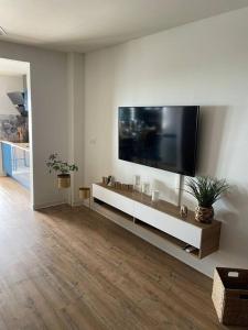 GourbeyreKARUK'IDîLE-Appartement Vue Mer - Plage à 200m的客厅配有壁挂式大屏幕平面电视