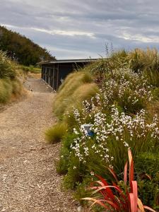 Tuatapere“The Cliffs” Humpridge View Motels的土路上种有白色花的花园