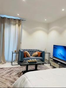 阿克拉Incredible 2 Bedroom Space Available的客厅配有蓝色的沙发和电视