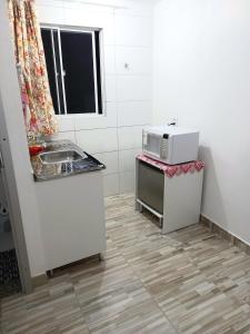 巴西利亚Apartamento Vila Telebrasilia的一间带水槽和微波炉的小厨房