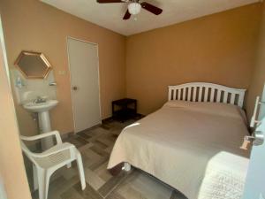 San CarlosPosada San Carlos的一间卧室配有床、水槽和镜子