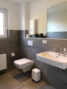 诺伊斯Designer-Apartment near Düsseldorf+Cologne (Apt.3)的一间带水槽、卫生间和镜子的浴室