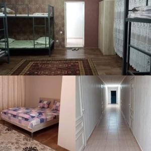 塔拉兹Азия Hotel的两张照片,房间带一张床和一个走廊