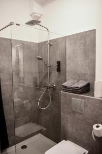 埃尔姆斯霍恩Homaris Apartments Elmshorn的浴室设有玻璃淋浴间和卫生间