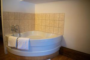 马里克斯Hotel Malixerhof的带浴缸的浴室和瓷砖墙