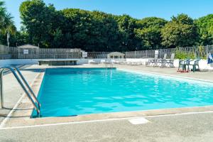 卡兰斯拓克Camping Pods Trevella Holiday Park的庭院里的一个蓝色海水游泳池