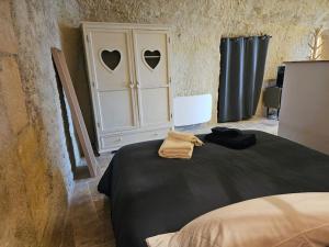 罗什科尔邦Charmante maison troglodyte Loire Valley的一间卧室配有一张床和一个心胸丰富的橱柜