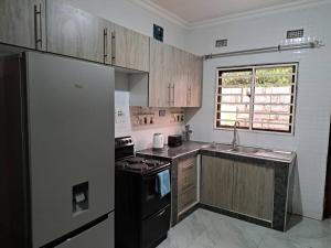 卢萨卡Edmut Apartments的厨房配有黑色冰箱和水槽