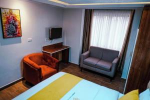 内罗毕Barre Hotel的酒店客房配有一张床、一把椅子和一台电视。