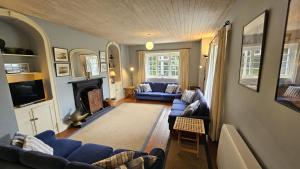 圣莫斯Corner Cottage的客厅设有蓝色的沙发和壁炉