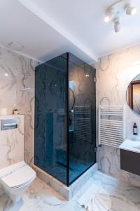 MedgidiaHotel Luxor的一间带玻璃淋浴和卫生间的浴室