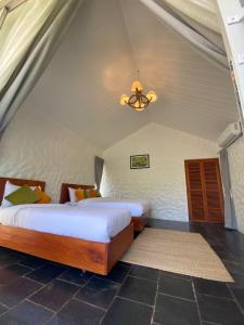 KusmaThe Cliff Resort Pokhara Kushma的一间卧室配有两张床和吊灯。