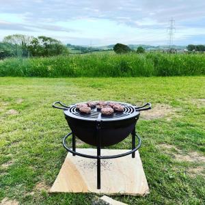 BradpoleThe Acorn - Luxury Shepherds Hut hot tub panoramic views的一块地里用肉烤的烤架