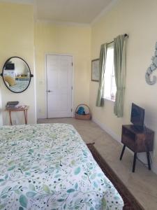 自由港市Lakeview bed & breakfast的一间卧室配有一张床、镜子和窗户