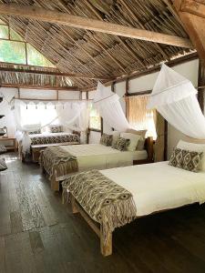 帕洛米诺Reserva Natural El Matuy的客房设有三张床,配有蚊帐。