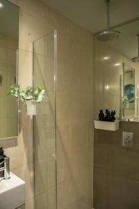 伦敦拉卡时瑞酒店的浴室里设有玻璃门淋浴