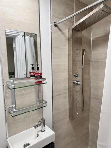 金克雷格Forces Manor的带淋浴、盥洗盆和镜子的浴室