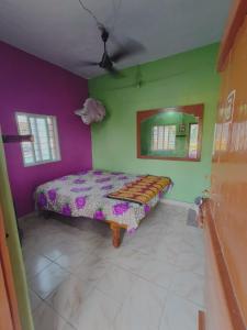 亨比Kiran River View Guest House的一间卧室配有一张紫色和绿色墙壁的床