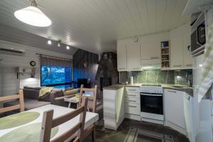 耶姆赛Villa Alppihimos - 6 henkilölle, Keski-Himos, 45m² + 33m²的厨房以及带沙发和桌子的客厅。