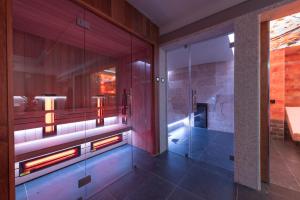 哈瑟尔特Hof van In & Wellness的一间带步入式淋浴间和玻璃墙的浴室