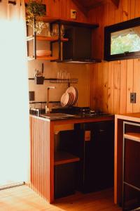 加罗帕巴Cabanas Por do Sol的厨房配有水槽和炉灶 顶部烤箱