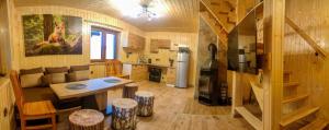下乌斯奇基Domki - Noclegi Pod Ostrym Działem的小木屋内的厨房和客厅