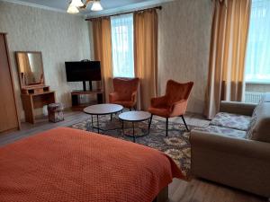 陶格夫匹尔斯Daugavpils City Centеr Apartment的客厅配有沙发、椅子和电视