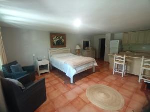 科苏梅尔Hacienda Camelot的一间卧室配有一张床和一把椅子,一间厨房