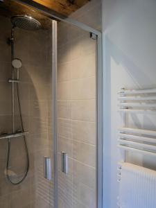 欧特吕斯La ferme d'Hauteluce - Chambre d'hôtes的浴室里设有玻璃门淋浴
