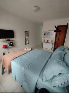 巴西利亚Queen's Flats的一间卧室配有一张带蓝色床单的大床和电视。