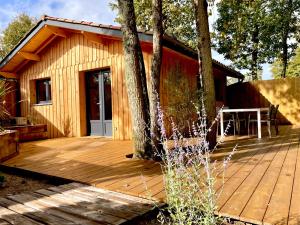 雷日卡普费雷La cabane 56 - calme - cosy - nature - sans vis-à-vis的小屋前的木甲板