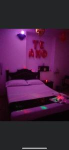 布卡拉曼加Residencia del Oriente的紫色卧室,配有一张床和紫色光