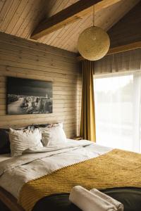 Žocenes CiemsGreen Valley vacation homes的一间卧室设有一张大床和一个大窗户
