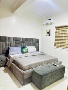 阿布贾Exotic 2 BR Apartment at Wuye, Abuja - Wifi,Netflix的一间卧室配有一张大床和床头板