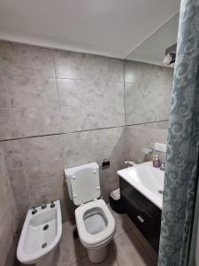 马德普拉塔埃迪菲西奥胡安娜玛尔公寓的一间带卫生间和水槽的浴室
