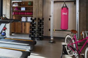 迈阿密Moxy Miami Wynwood的健身房,配有粉红色的冲压袋和自行车