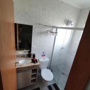 奥林匹亚Flat Brilho do Sol的浴室配有卫生间、盥洗盆和淋浴。