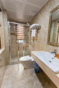 吉婆岛Aroma Cat Ba Sea View Hotel的浴室配有卫生间、盥洗盆和淋浴。